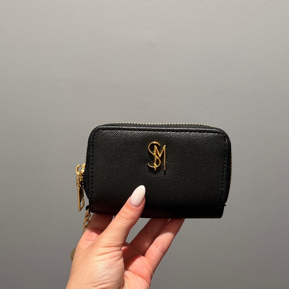 Steve Madden Black Leather Zip Card Wallet with Gold Accent